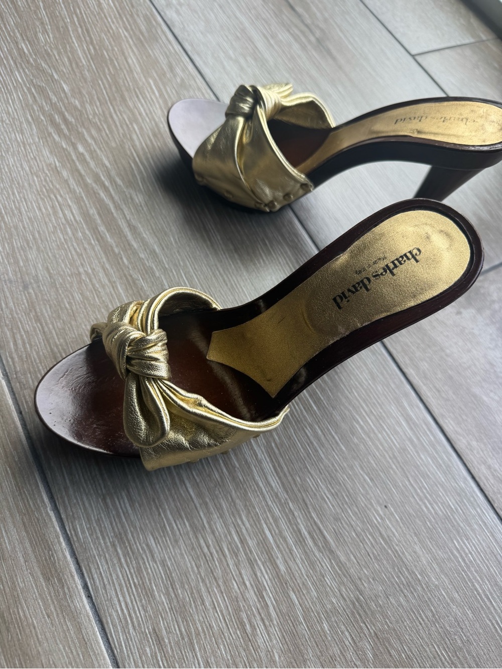 Charles David Metallic Gold Knot-Front Open Toe Mule